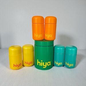 Lot Of 6 Hiya Glass Capsule Pill Bottle Containers Plus Greens Tin ALL EMPTY